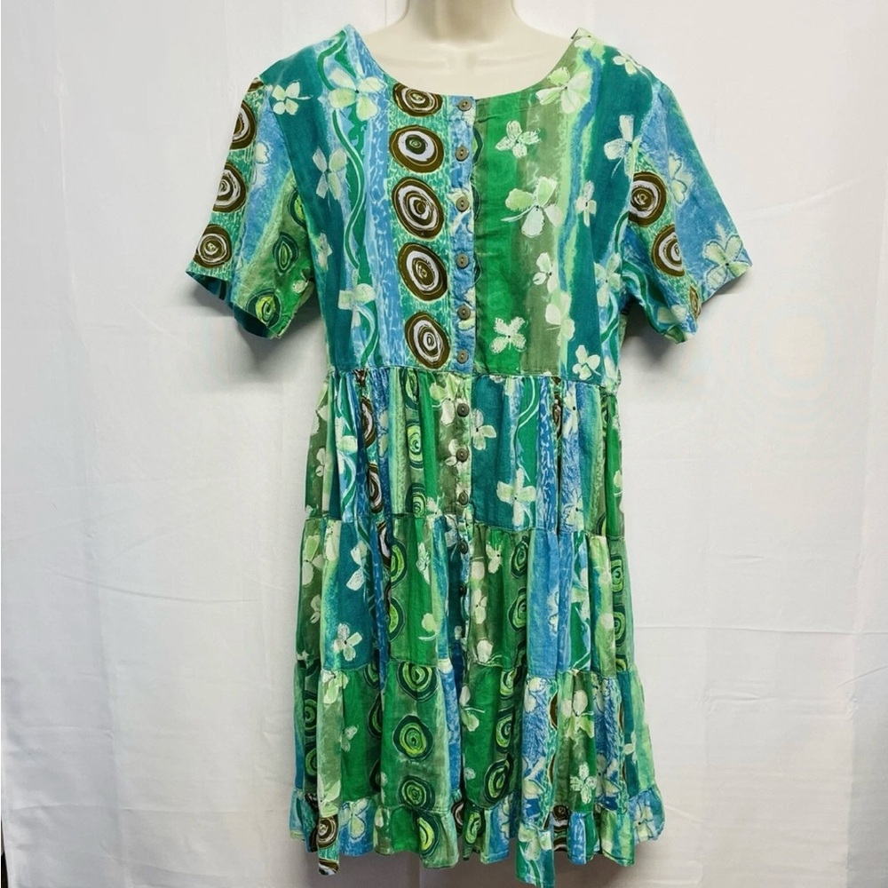 Vintage 24 Karat Crinkle Boho Cottagecore Button Down Prairie Midi Dress Sz L